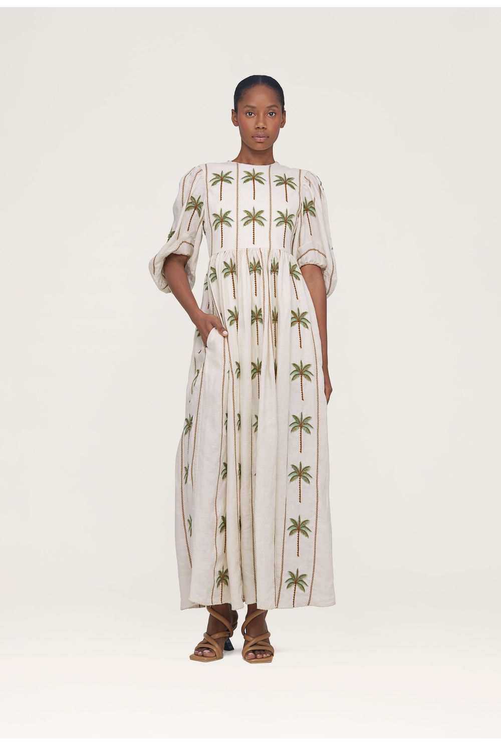 Raquel Victoria Hand-Embroidered Linen Maxi Dress